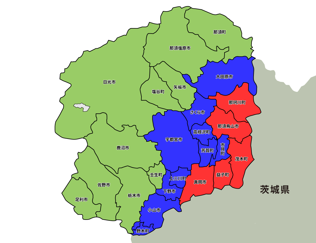 栃木県の配送地域マップ